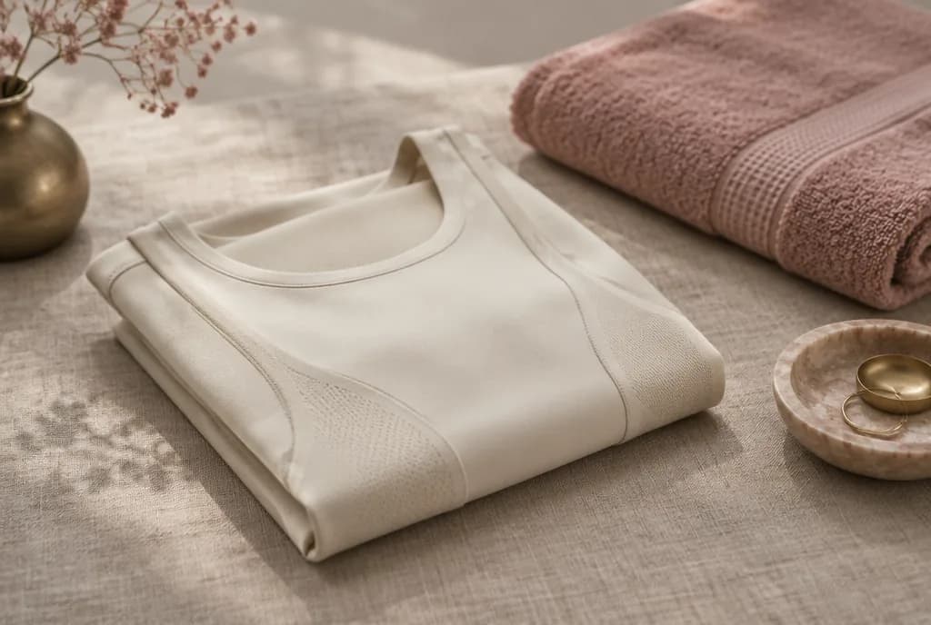 Prenda de compresión de tejido técnico crema, doblada sobre una superficie de lino natural junto a una toalla.